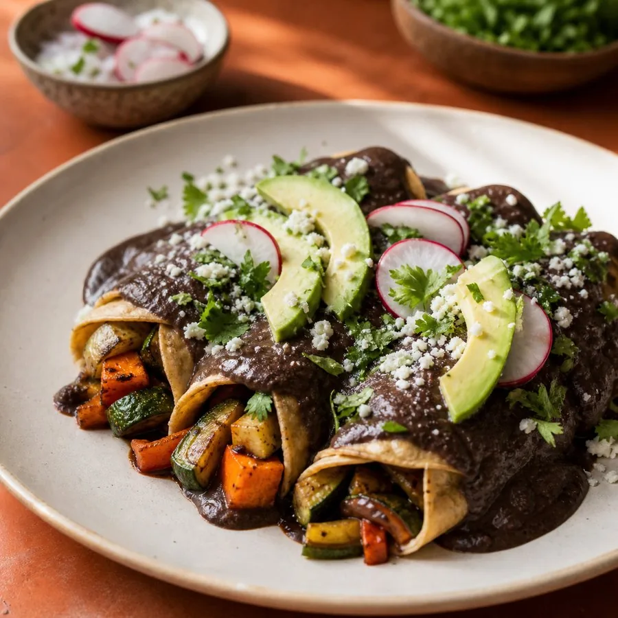 Black bean-sauced tortillas filled with roasted vegetables and avocado