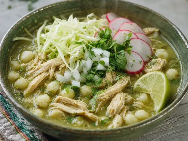 Green chicken pozole with hominy, cabbage, radishes and lime