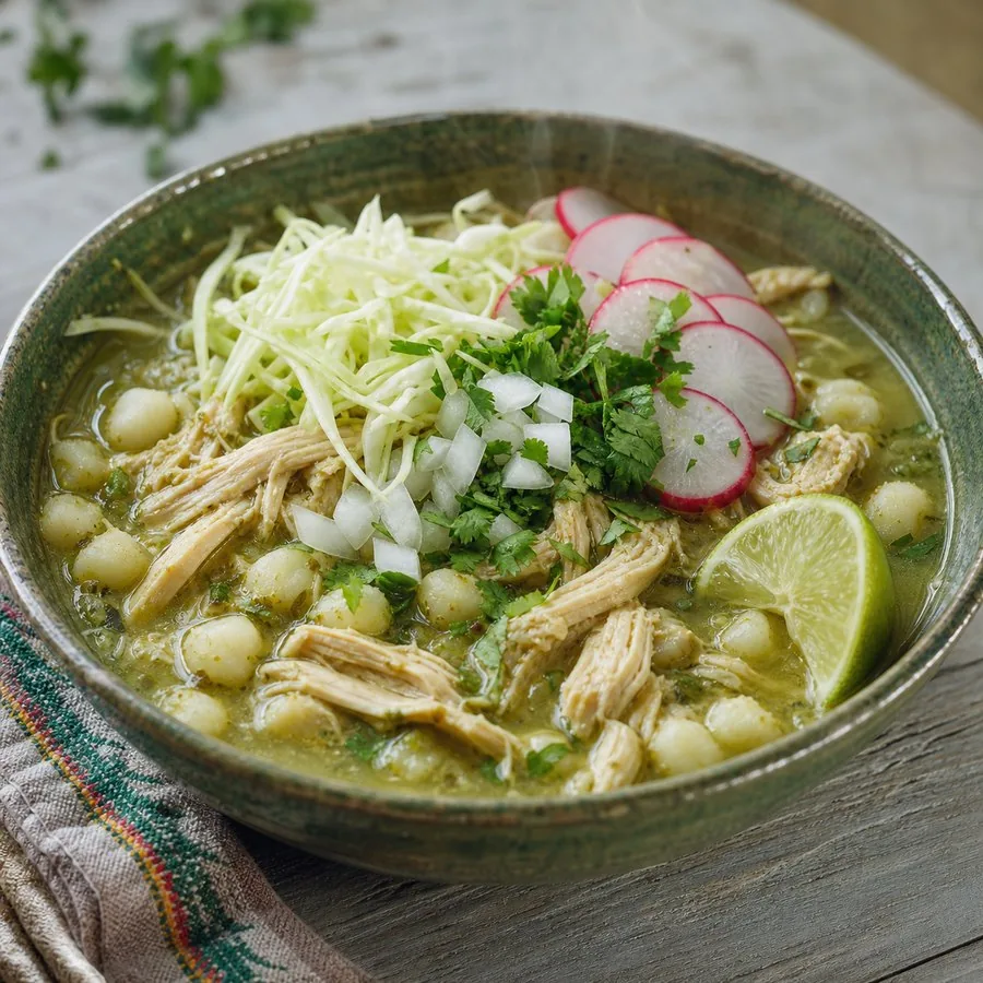 Green chicken pozole with hominy, cabbage, radishes and lime