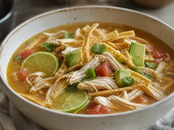 Chicken and lime soup with tortilla strips, avocado and cilantro