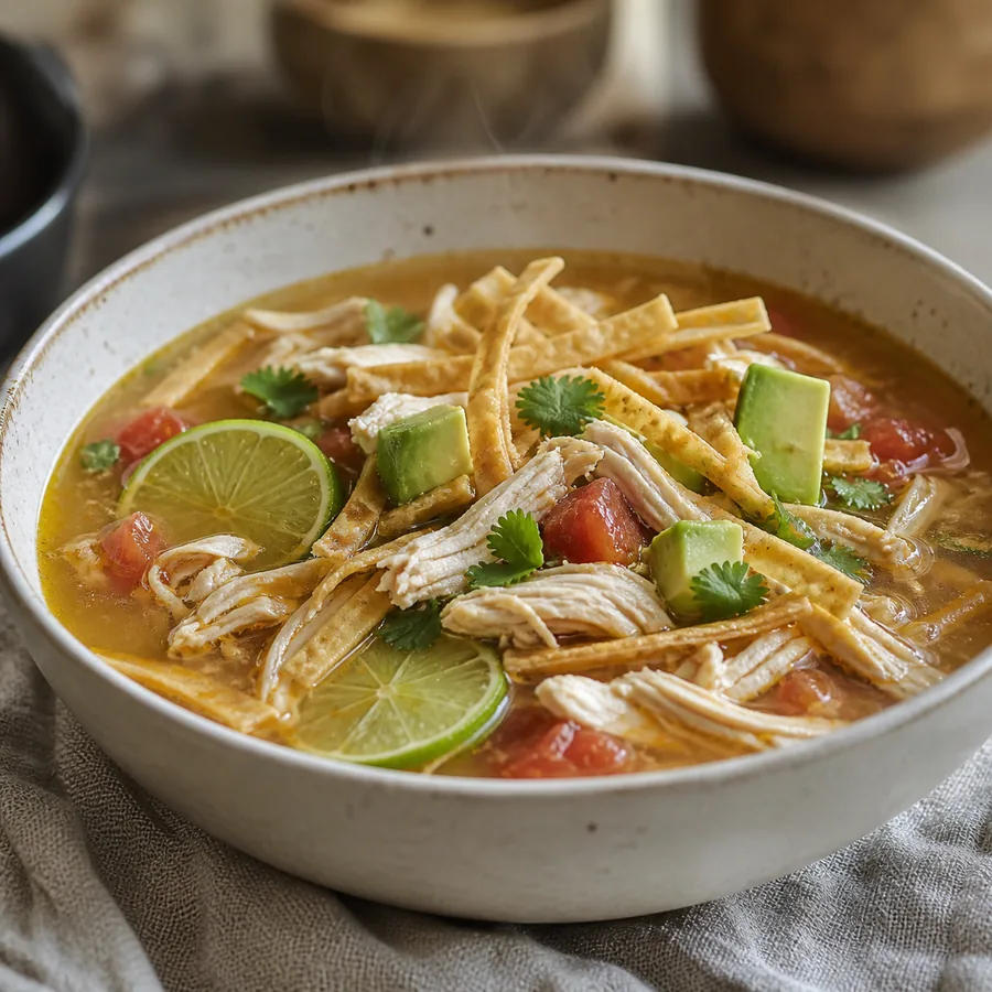 Chicken and lime soup with tortilla strips, avocado and cilantro