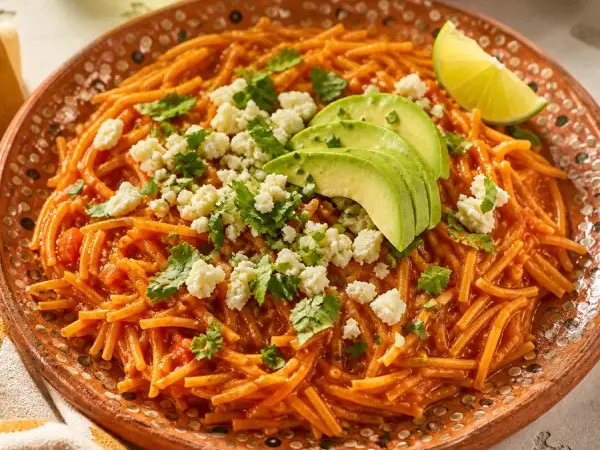 Mexican Sopa Seca de Fideo with Avocado, finished dish