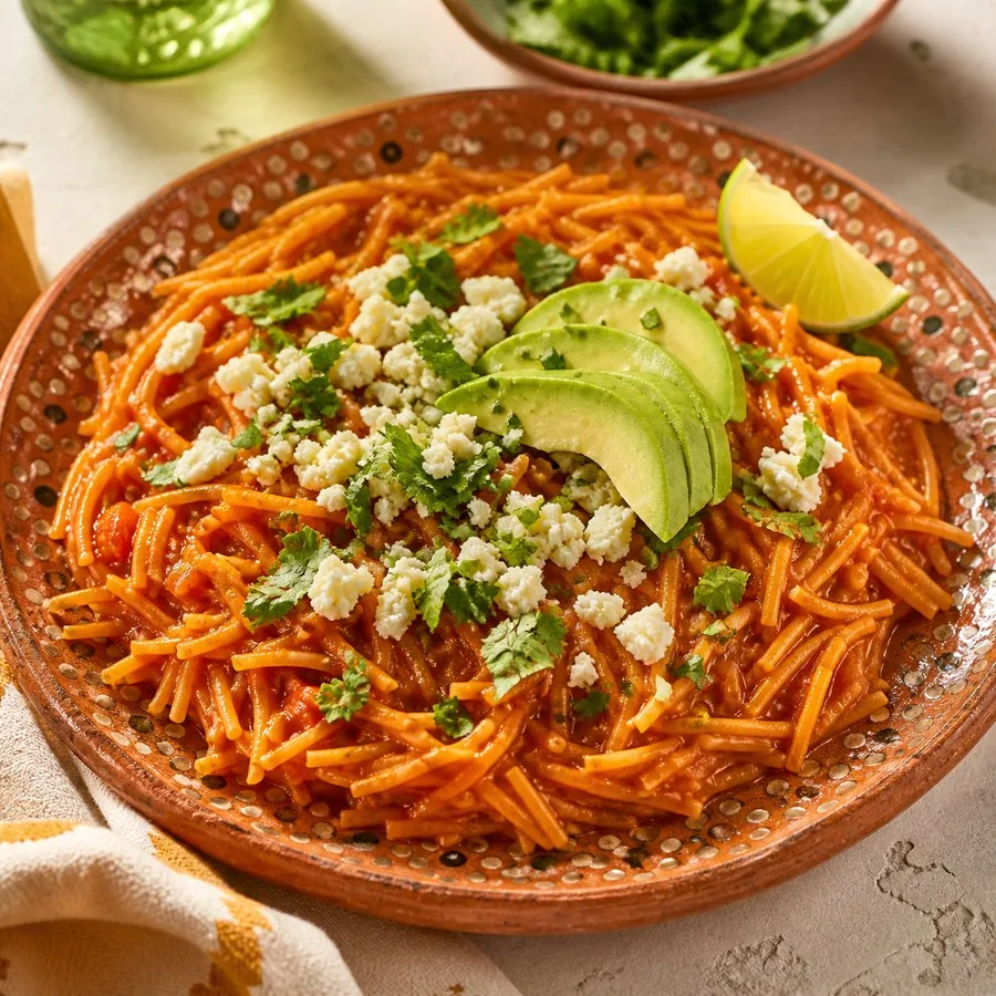 Mexican Sopa Seca de Fideo with Avocado, finished dish