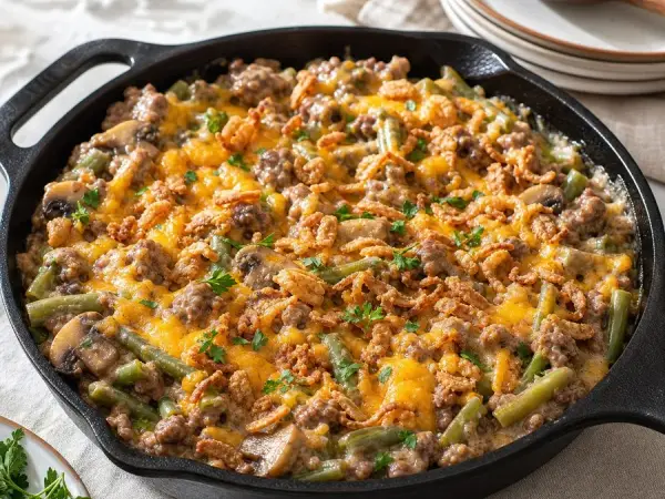 Midwestern Hotdish Skillet with Green Beans, finished dish