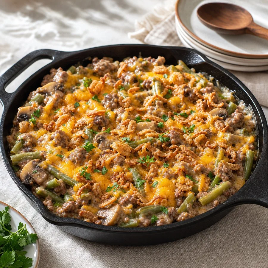 Midwestern Hotdish Skillet with Green Beans, finished dish