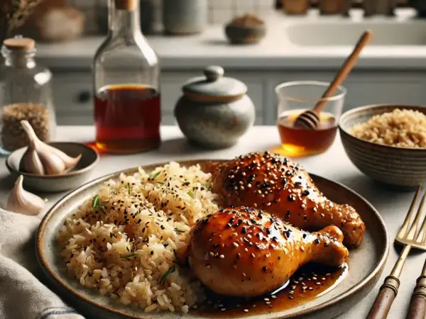 Miso Honey Glazed Chicken with Garlic Sesame Rice, finished dish