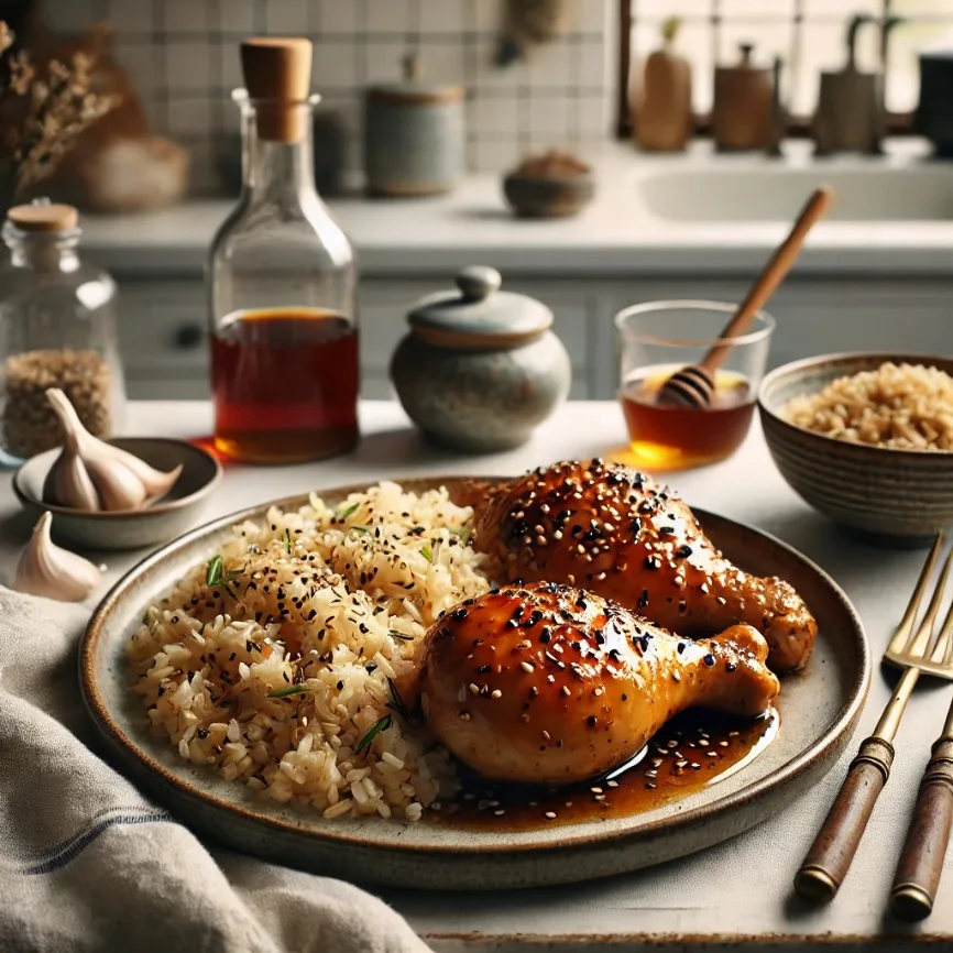 Miso Honey Glazed Chicken with Garlic Sesame Rice, finished dish