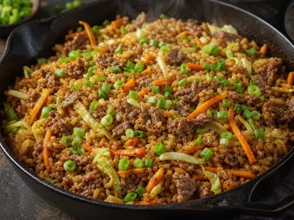 Mongolian Budaatai Huurga Beef Rice Skillet, finished dish
