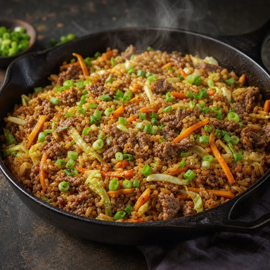 Mongolian Budaatai Huurga Beef Rice Skillet, finished dish