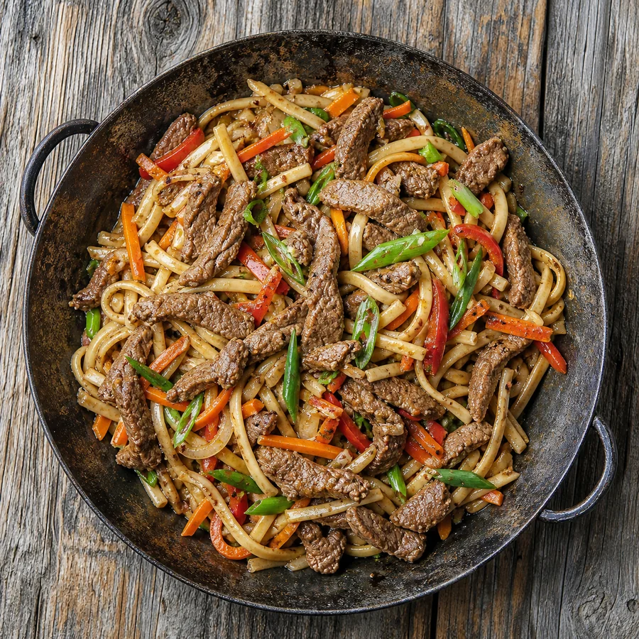 Mongolian Lamb Noodle Stir-Fry, finished dish