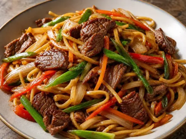 Mongolian Tsuivan Beef Noodle Stir-Fry, original finished dish food photograph