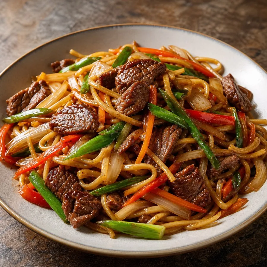 Mongolian Tsuivan Beef Noodle Stir-Fry, original finished dish food photograph