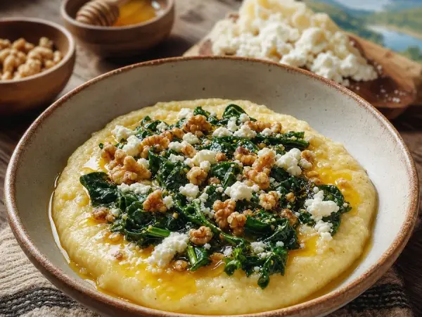 Montenegrin Cicvara with Greens and Honey, plated and ready to serve