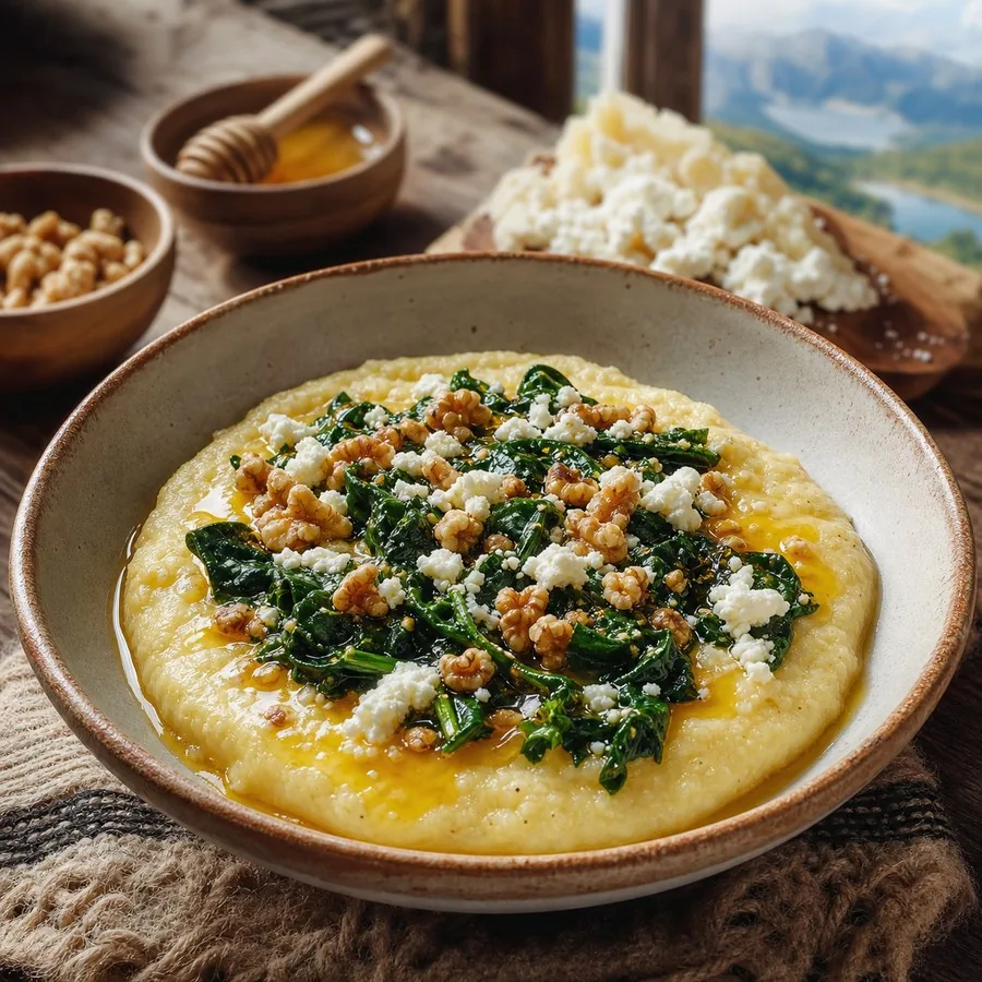 Montenegrin Cicvara with Greens and Honey, plated and ready to serve