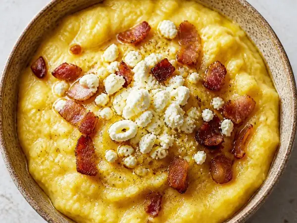 Montenegrin Kačamak Corn and Potato Bowl, finished dish