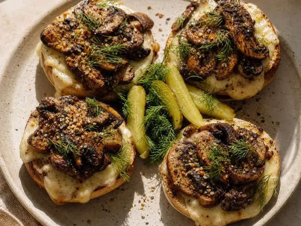 Montreal Spiced Mushroom Bagel Melts, finished dish