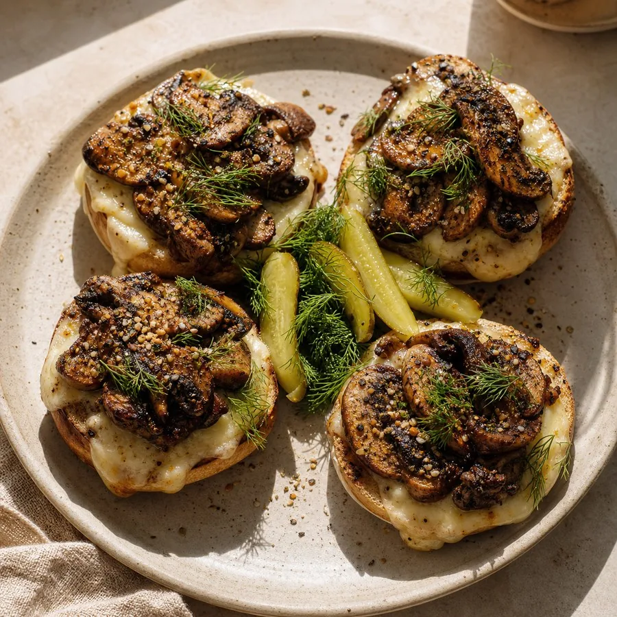Montreal Spiced Mushroom Bagel Melts, finished dish