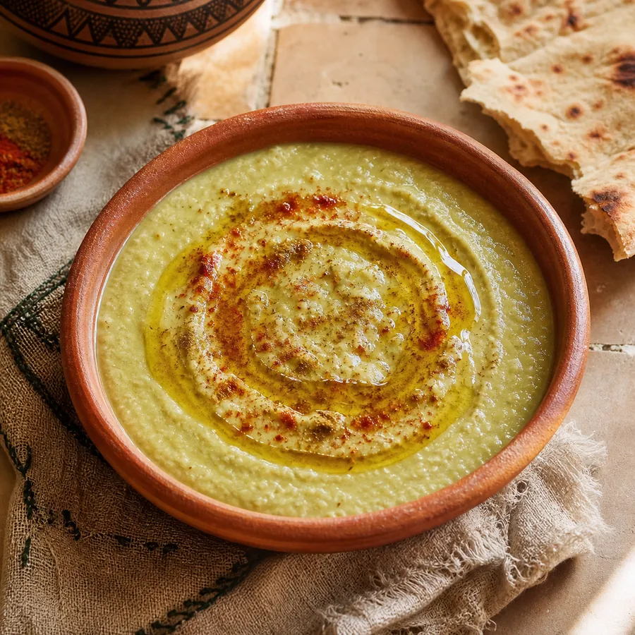 Moroccan Bissara Fava Bean Soup with olive oil and cumin
