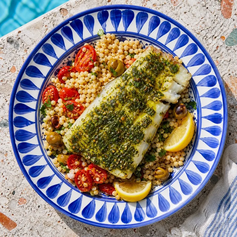 Moroccan Chermoula Cod with couscous, tomatoes, and olives