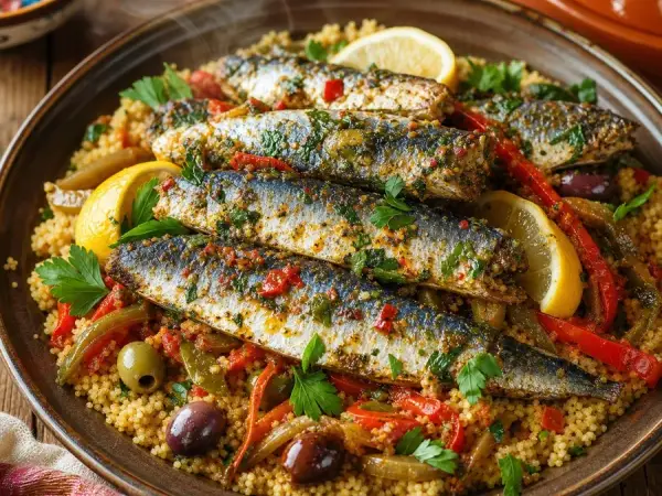 Moroccan Chermoula Sardine Skillet, plated as a finished dinner