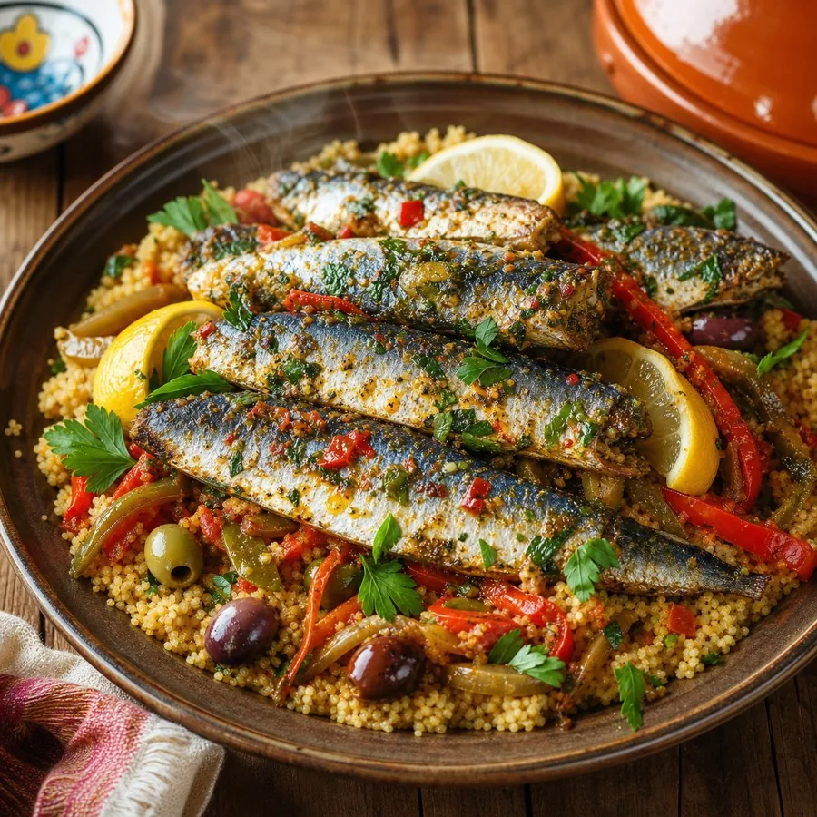 Moroccan Chermoula Sardine Skillet, plated as a finished dinner