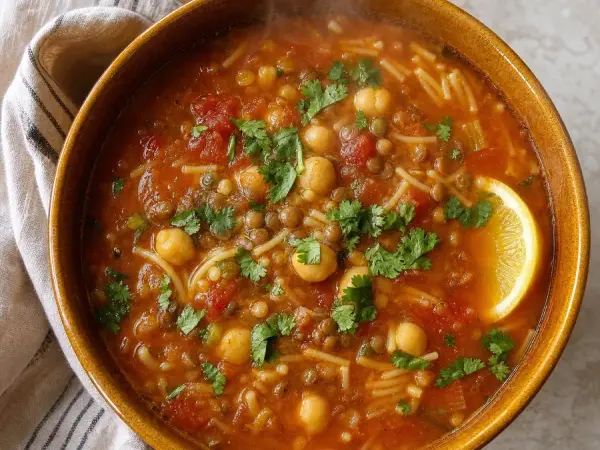Moroccan Harira lentil chickpea soup with lemon