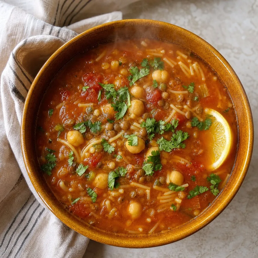 Moroccan Harira lentil chickpea soup with lemon