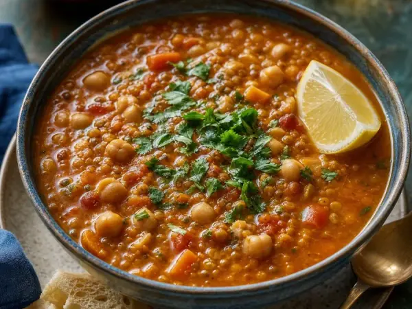 Moroccan Harira Lentil Soup, plated as a finished dinner