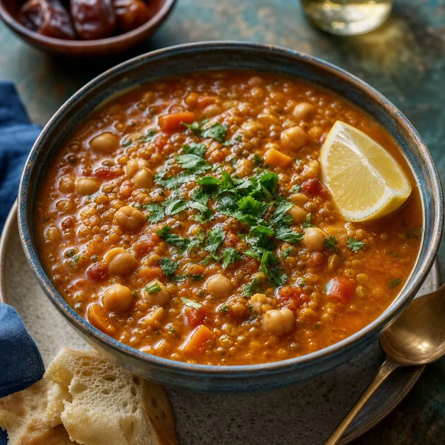 Moroccan Harira Lentil Soup, plated as a finished dinner