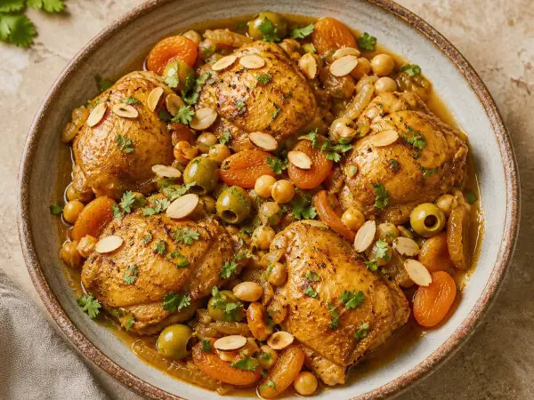 Moroccan-Inspired Apricot Olive Chicken Tagine, finished dish
