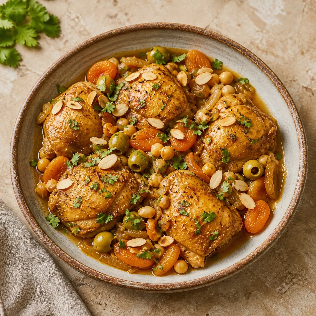 Moroccan-Inspired Apricot Olive Chicken Tagine, finished dish