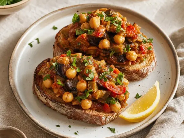 Moroccan Zaalouk Toasts with Chickpeas, plated as a finished dinner
