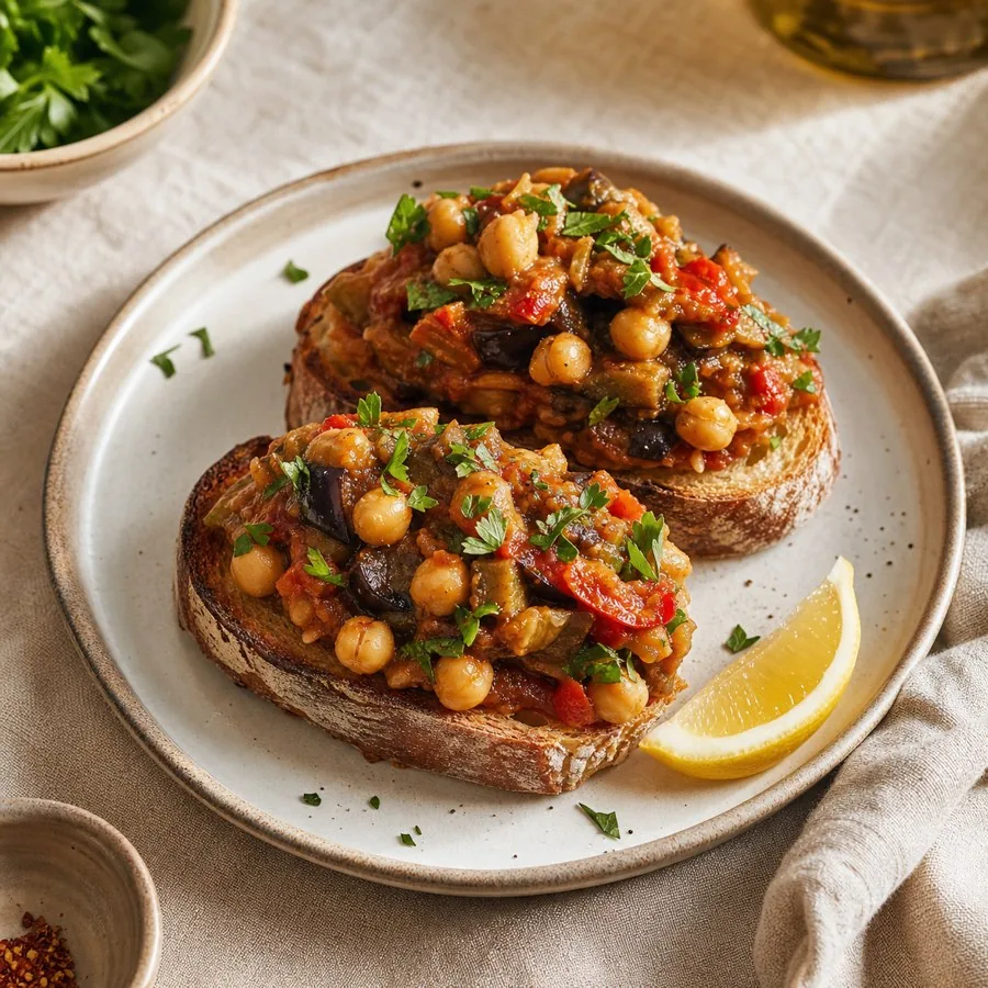 Moroccan Zaalouk Toasts with Chickpeas, plated as a finished dinner