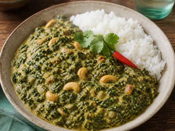 Mozambican Matapa Cashew Greens with Rice, plated as a finished dinner