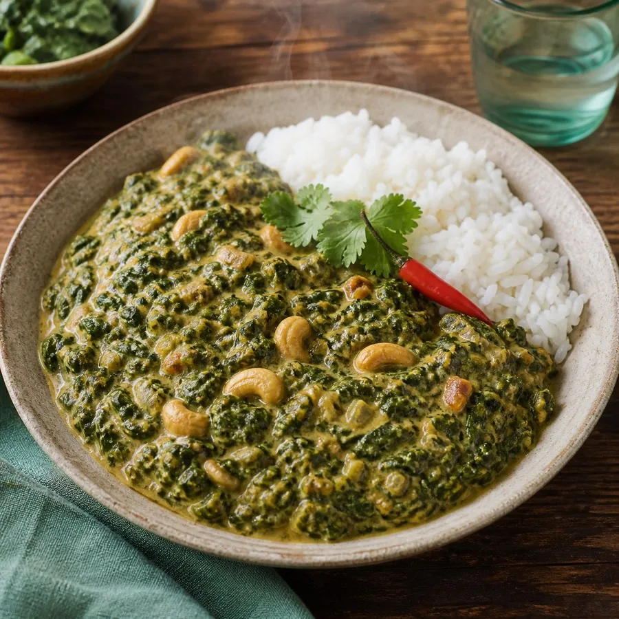 Mozambican Matapa Cashew Greens with Rice, plated as a finished dinner