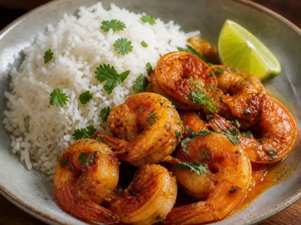 Mozambican Piri Piri Prawns with Coconut Rice, plated as a finished dinner