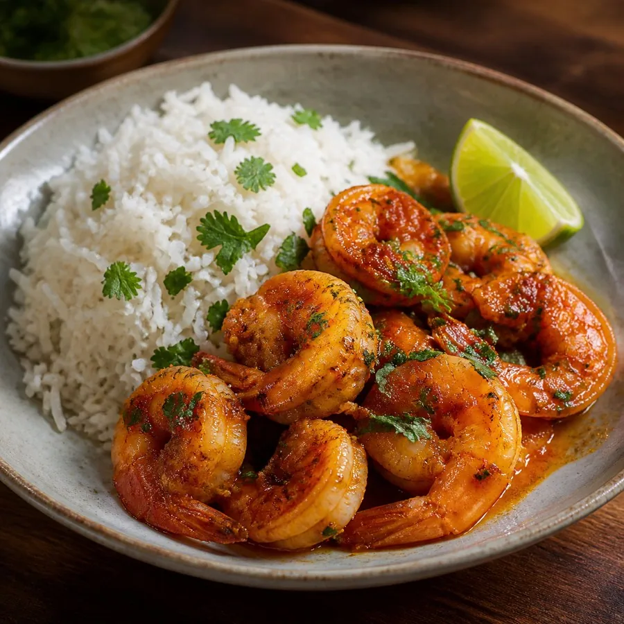 Mozambican Piri Piri Prawns with Coconut Rice, plated as a finished dinner