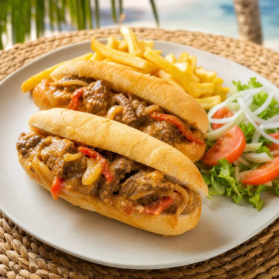 Mozambican Prego Steak Rolls, plated as a finished dinner