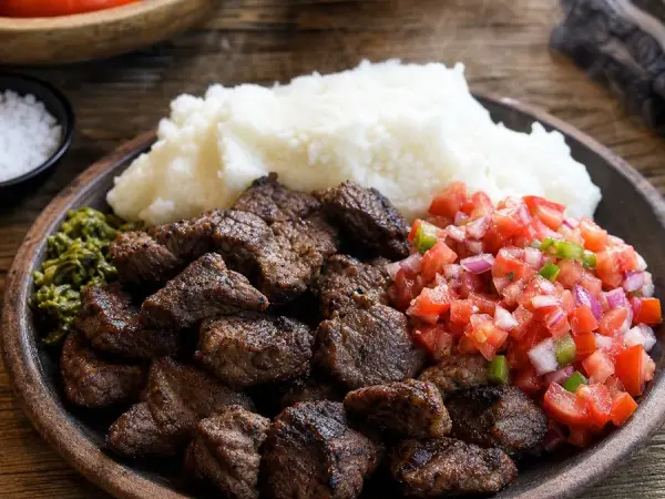Namibian Kapana Beef with Tomato Salsa, plated as a finished dinner