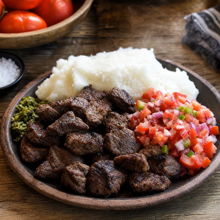 Namibian Kapana Beef with Tomato Salsa, plated as a finished dinner