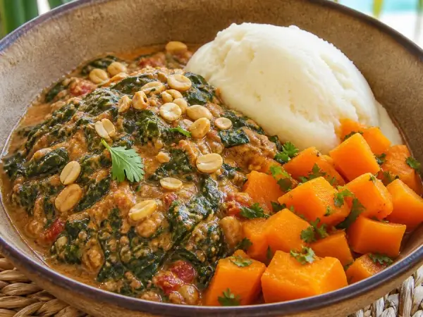 Namibian Oshifima Spinach Peanut Bowl, plated as a finished dinner