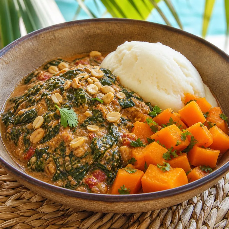 Namibian Oshifima Spinach Peanut Bowl, plated as a finished dinner
