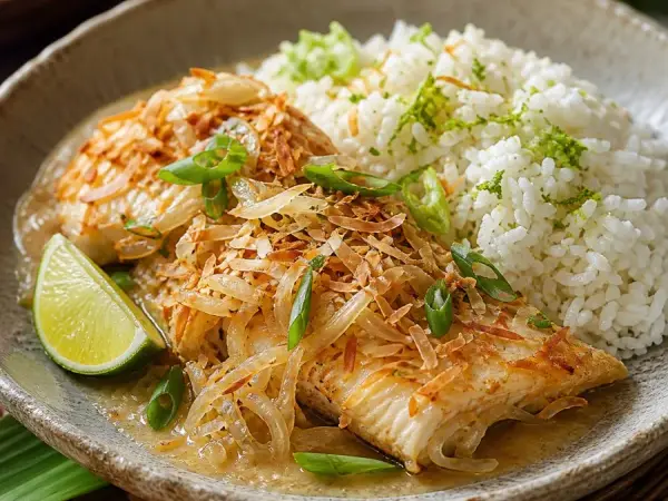 Nauruan Coconut Fish with Lime Rice, plated as a finished dinner