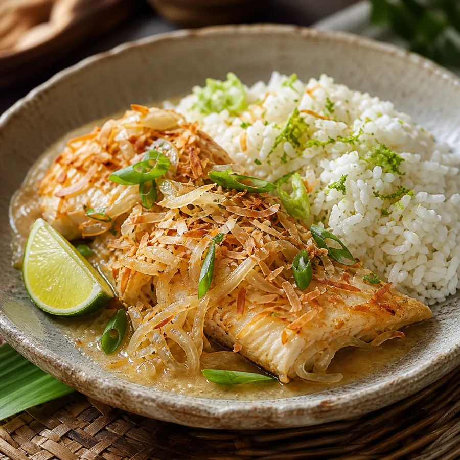 Nauruan Coconut Fish with Lime Rice, plated as a finished dinner