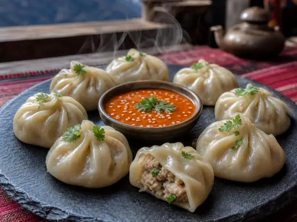 Nepalese Chicken Momos with Tomato Sesame Sauce, finished dish