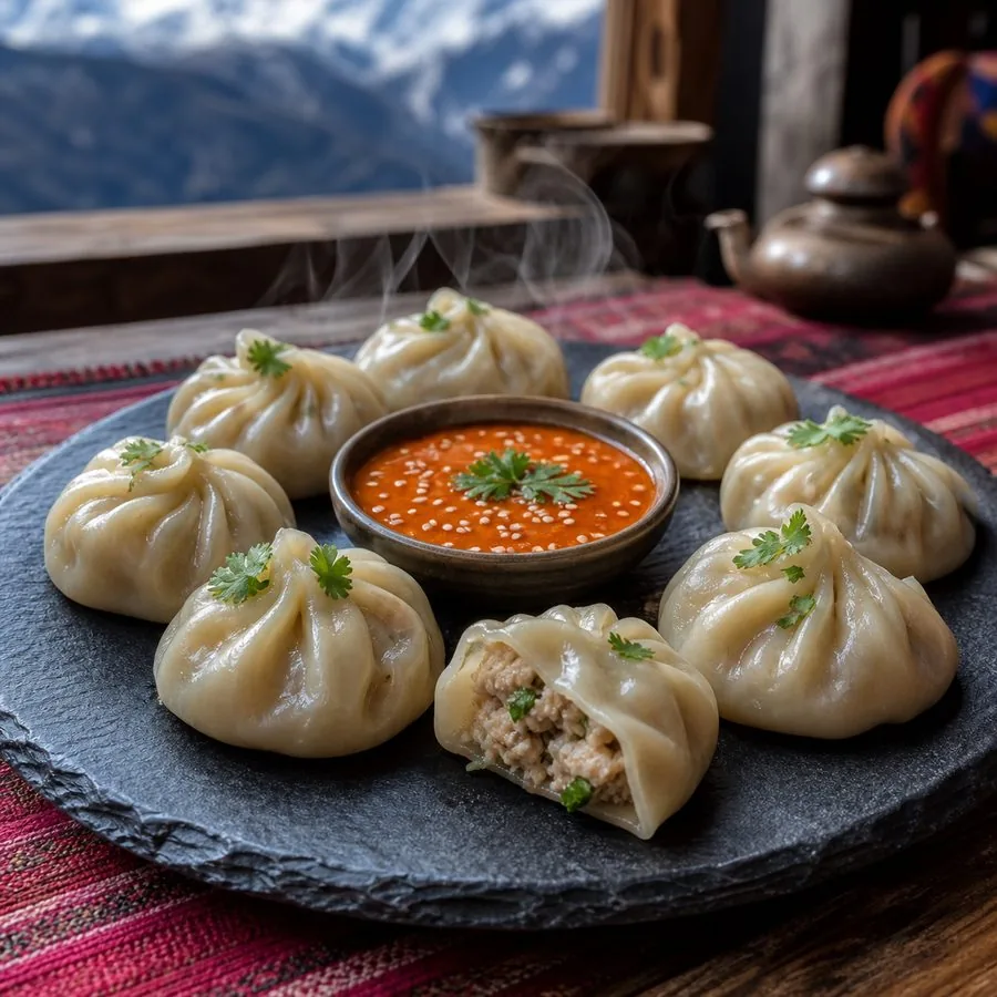 Nepalese Chicken Momos with Tomato Sesame Sauce, finished dish