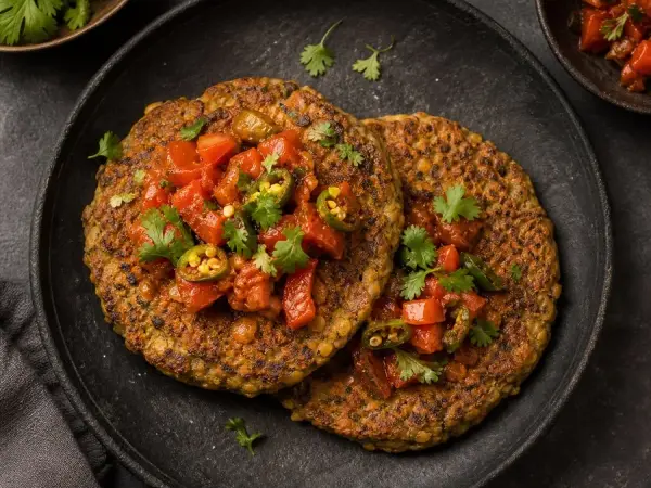 Nepali Bara Black Lentil Pancakes with Tomato Achar, finished dish