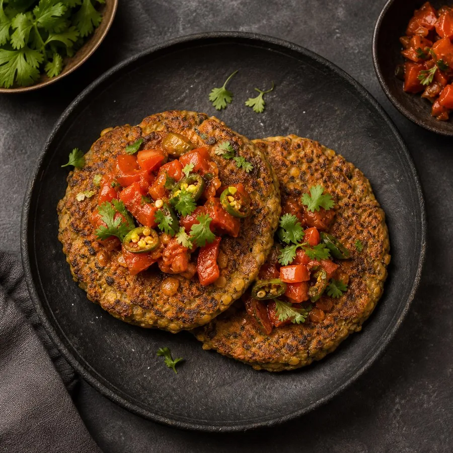 Nepali Bara Black Lentil Pancakes with Tomato Achar, finished dish