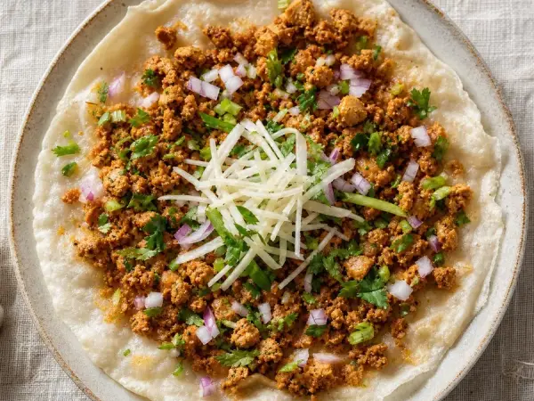 Nepali Chatamari with Spiced Chicken, original finished dish food photograph