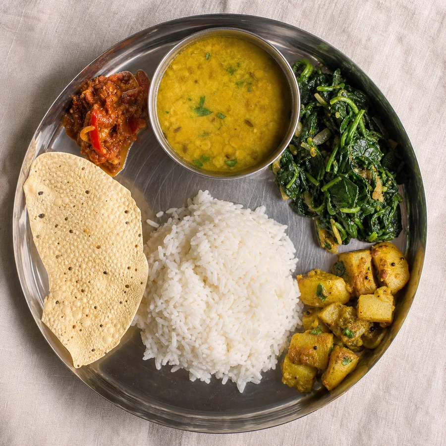 Nepali Dal Bhat with Spinach, finished dish
